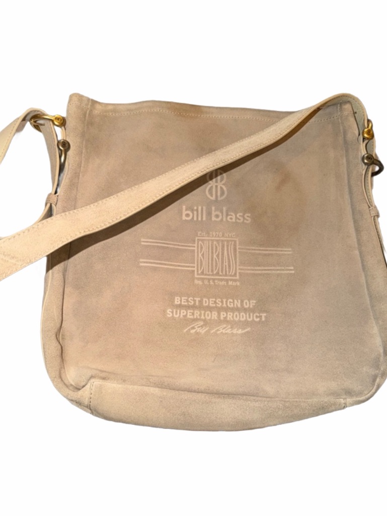 Bill Blass Utility Suede Crossbody Bag- Beige Leather W/Embossed Logo, Preloved